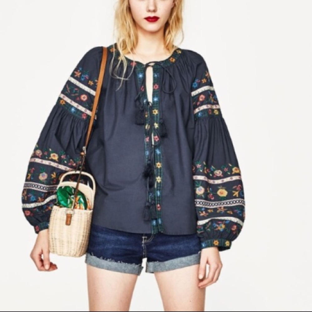 🚫SOLD🚫Zara Embroidered Flounce Blue Top/Jacket